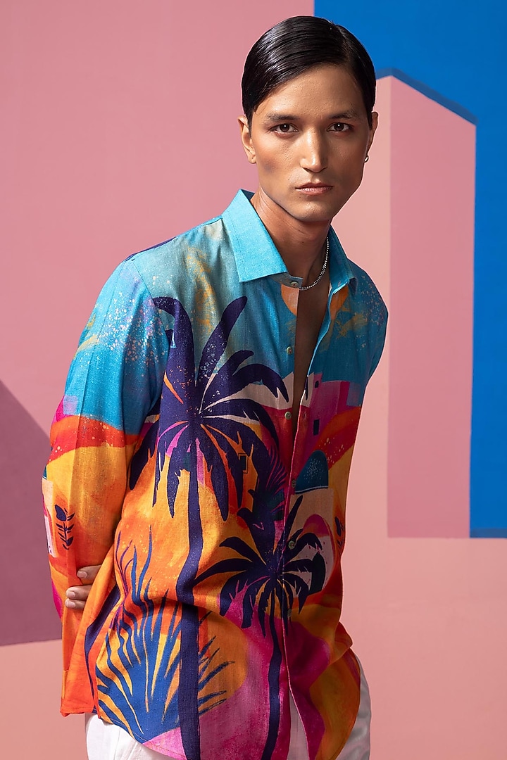 Blue Cotton Linen & Satin Party Wear Shirt by Nautanky By Nilesh Parashar Men at Pernia's Pop Up Shop