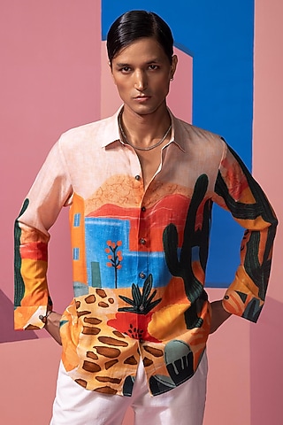 Peach Cotton Linen & Satin Shirt by Nautanky By Nilesh Parashar Men