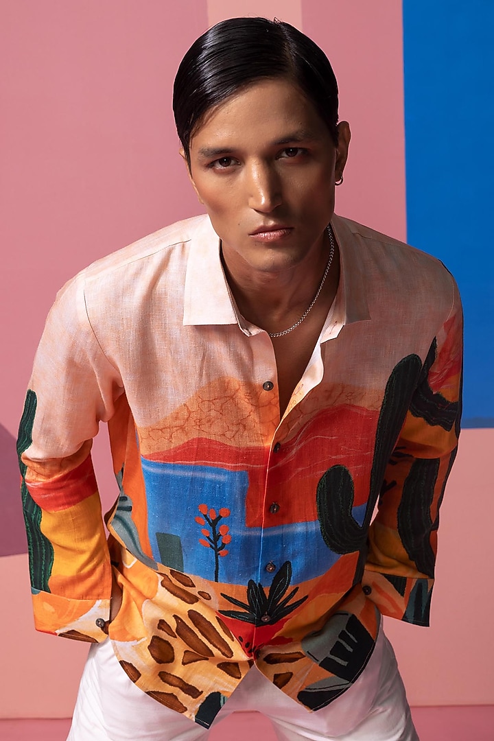 Peach Cotton Linen & Satin Party Wear Shirt by Nautanky By Nilesh Parashar Men at Pernia's Pop Up Shop