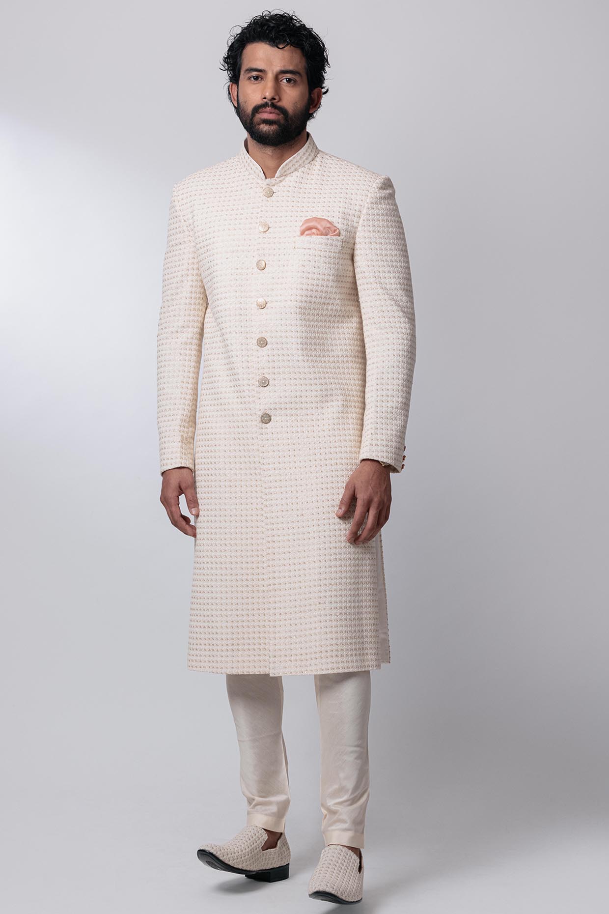 Bone White Sequins Embroidered Groom Sherwani Set by Nautanky By Nilesh Parashar Men at Pernia's Pop Up Shop