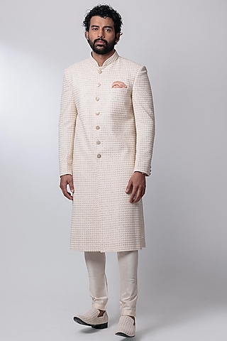 Bone White Sequins Embroidered Sherwani Set by Nautanky By Nilesh Parashar Men