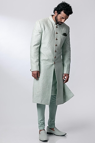 Turquoise Green Geometric Embroidered Sherwani Set by Nautanky By Nilesh Parashar Men