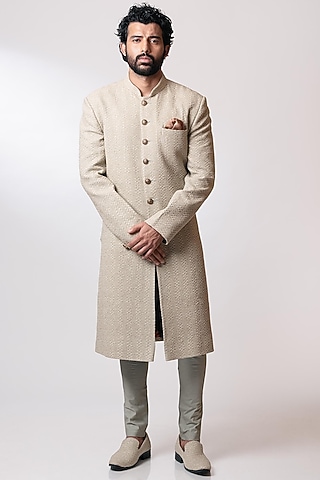 Gold Thread Embroidered Sherwani Set by Nautanky By Nilesh Parashar Men