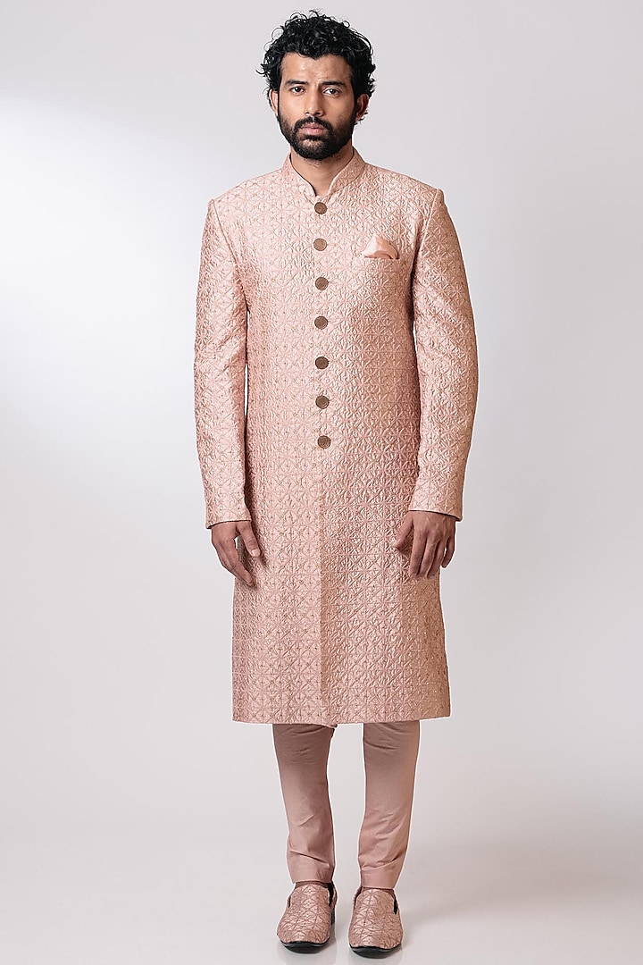 Blush Pink Jaal Embroidered Sherwani Set by Nautanky By Nilesh Parashar Men