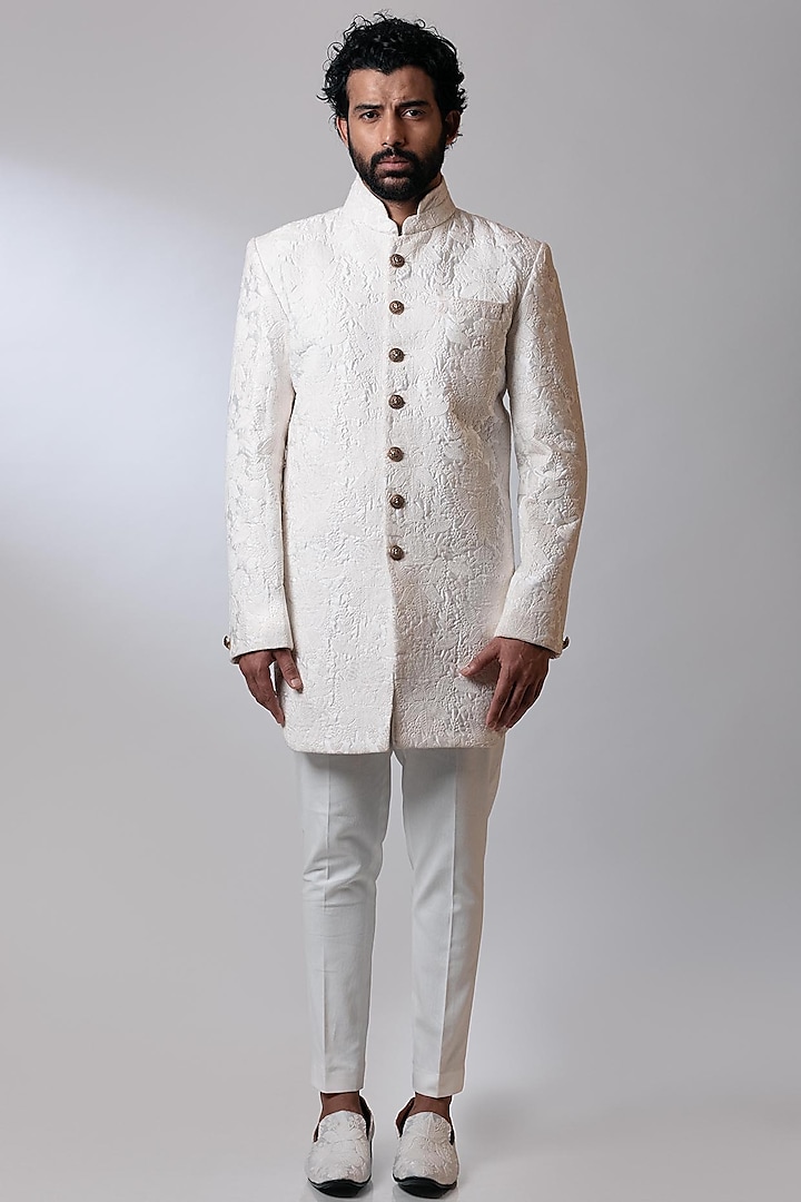 Pearl White Embroidered Bandhgala Jacket Set by Nautanky By Nilesh Parashar Men