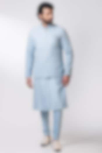 Powder Blue Embroidered Kurta Set With Nehru Jacket by Nautanky By Nilesh Parashar Men
