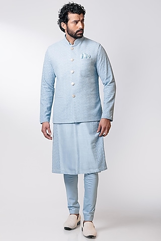 Powder Blue Embroidered Kurta Set With Nehru Jacket by Nautanky By Nilesh Parashar Men