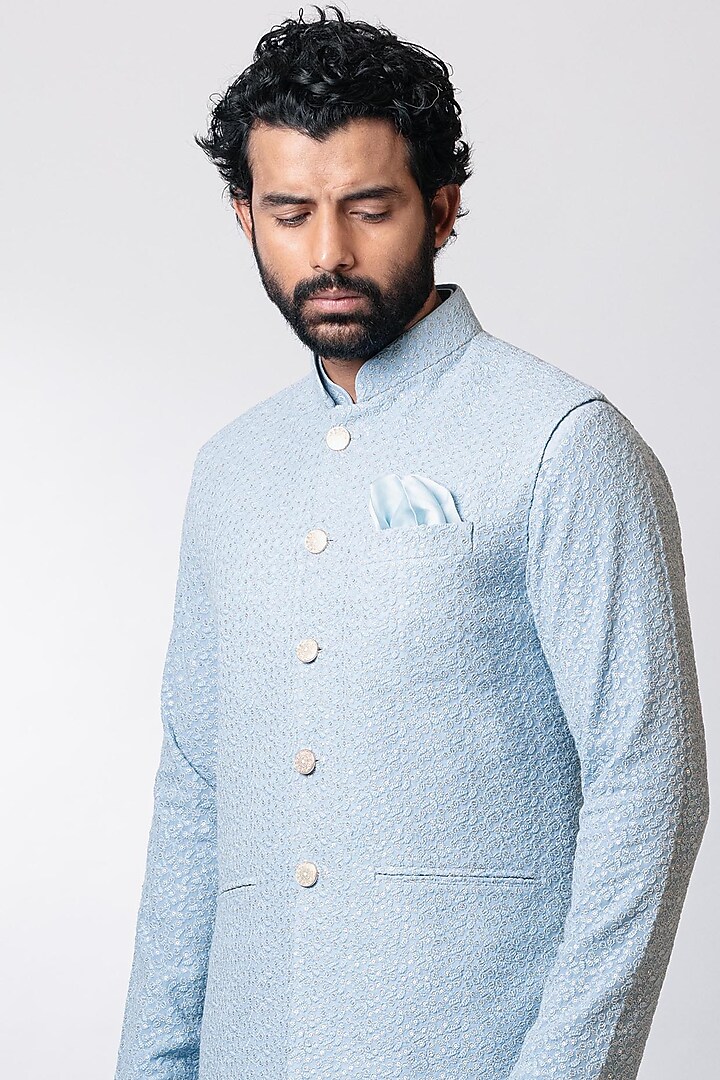 Powder Blue Embroidered Kurta Set With Nehru Jacket by Nautanky By Nilesh Parashar Men at Pernia's Pop Up Shop