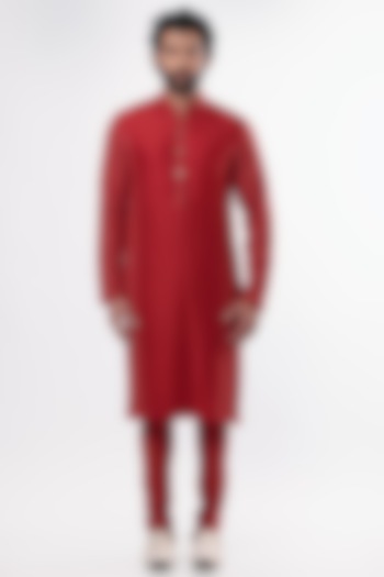 Crimson Red Chanderi Silk Kurta Set by Nautanky By Nilesh Parashar Men
