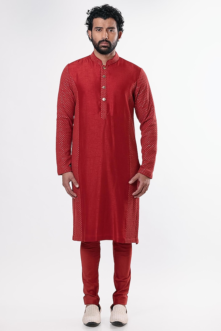 Crimson Red Chanderi Silk Kurta Set by Nautanky By Nilesh Parashar Men