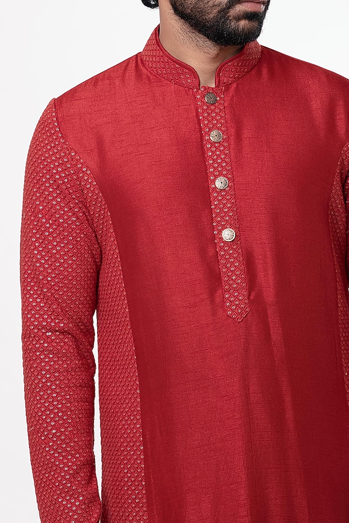 Crimson Red Chanderi Silk Kurta Set by Nautanky By Nilesh Parashar Men at Pernia's Pop Up Shop