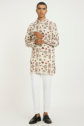 Beige Hand Woven Tribal Motif Printed Kurta Set by Nautanky By Nilesh Parashar Men