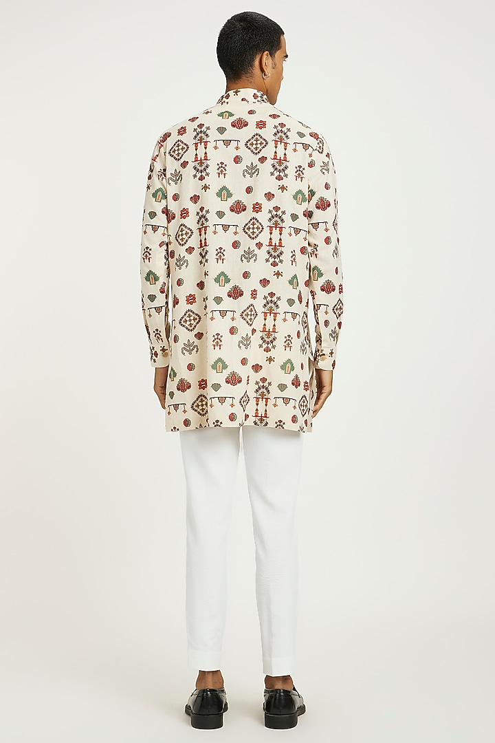Beige Hand Woven Tribal Motif Printed Kurta Set by Nautanky By Nilesh Parashar Men at Pernia's Pop Up Shop