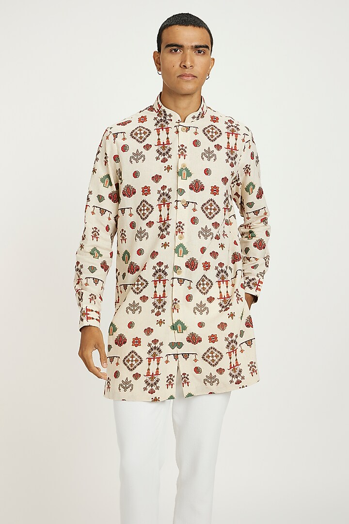 Beige Hand Woven Tribal Motif Printed Kurta Set by Nautanky By Nilesh Parashar Men at Pernia's Pop Up Shop
