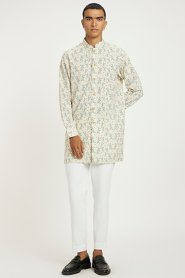 Off-White Handwoven Cotton Floral Block Printed Kurta Set by Nautanky By Nilesh Parashar Men