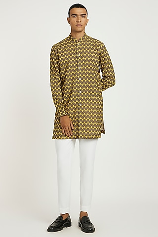 Olive Green Handwoven Cotton Geometric Printed Kurta Set by Nautanky By Nilesh Parashar Men