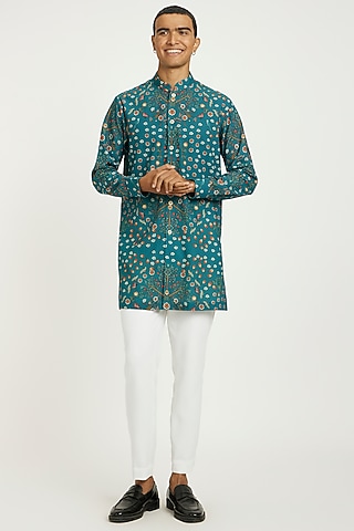 Teal Handwoven Cotton Kurta Set by Nautanky By Nilesh Parashar Men