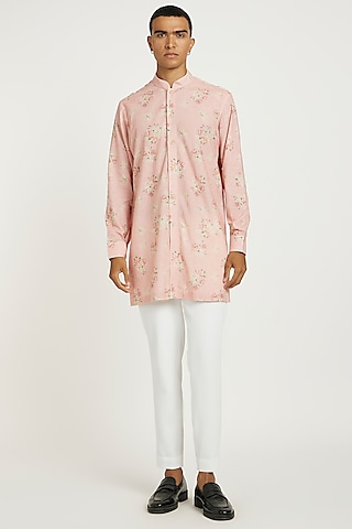 Blush Pink Handwoven Cotton Floral  Printed Kurta Set by Nautanky By Nilesh Parashar Men