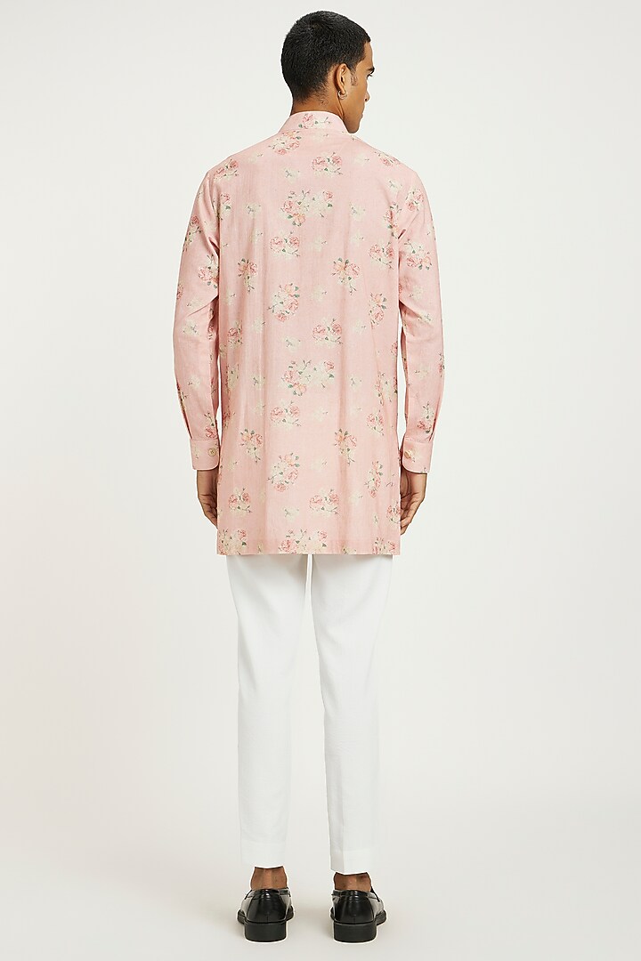 Blush Pink Handwoven Cotton Floral Printed Kurta Set by Nautanky By Nilesh Parashar Men at Pernia's Pop Up Shop