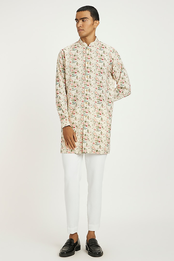 Off-White Handwoven Cotton Floral Printed Kurta Set by Nautanky By Nilesh Parashar Men at Pernia's Pop Up Shop