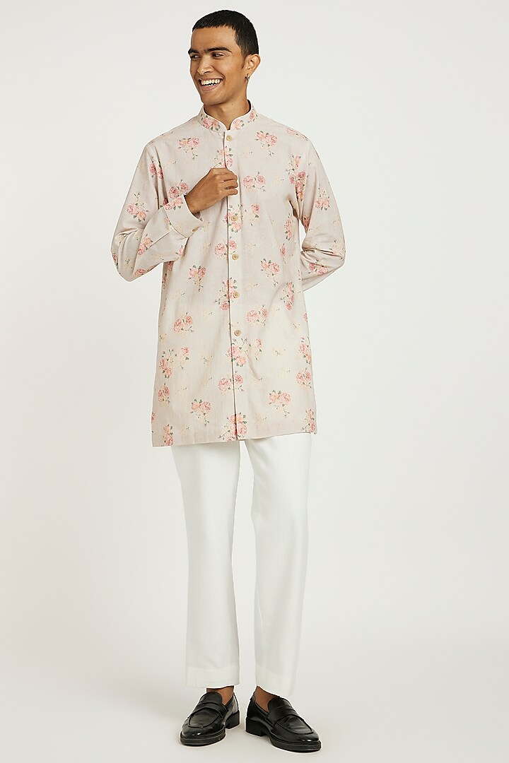 Blush Pink Handwoven Cotton Floral Printed Kurta Set by Nautanky By Nilesh Parashar Men