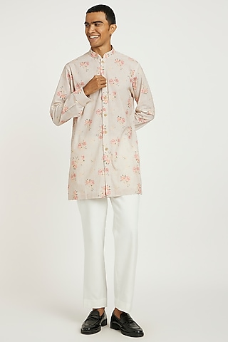 Blush Pink Handwoven Cotton Floral Printed Kurta Set by Nautanky By Nilesh Parashar Men