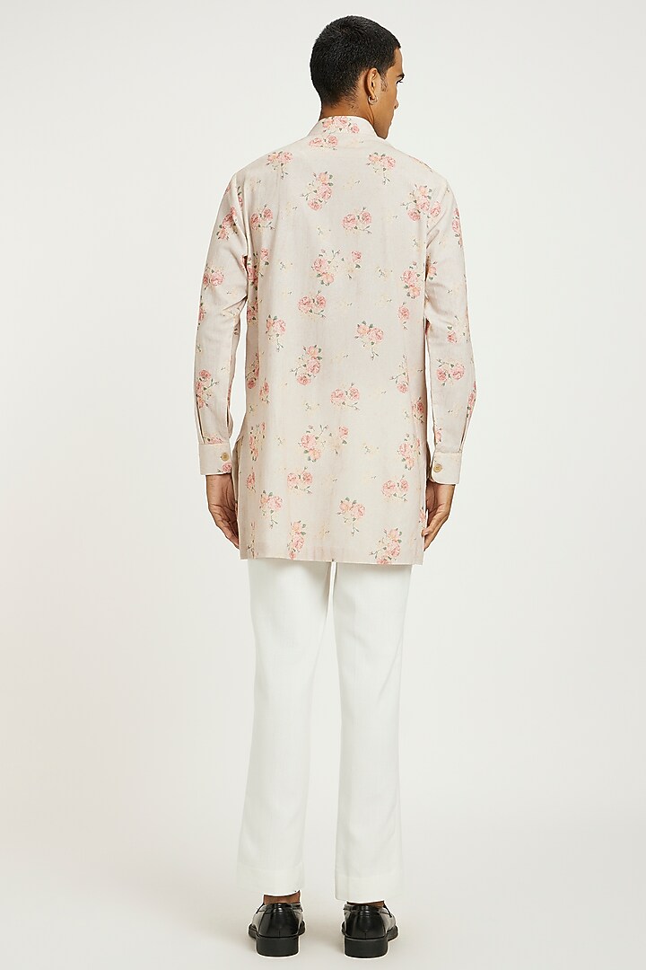 Blush Pink Handwoven Cotton Floral Printed Kurta Set by Nautanky By Nilesh Parashar Men at Pernia's Pop Up Shop