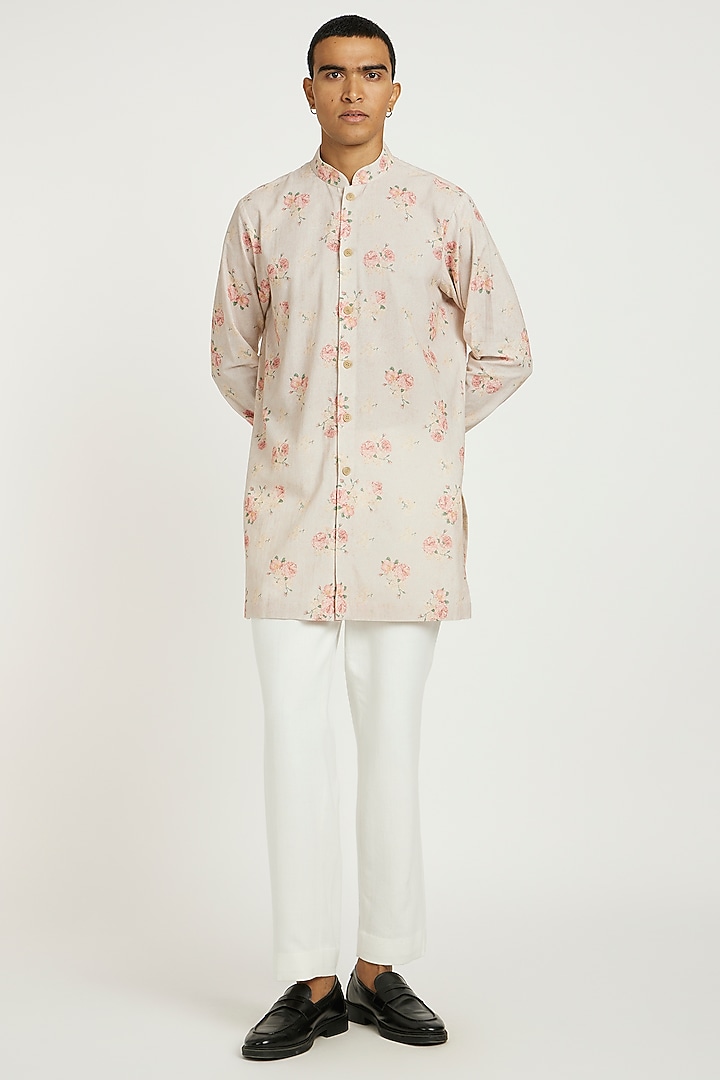 Blush Pink Handwoven Cotton Floral Printed Kurta Set by Nautanky By Nilesh Parashar Men at Pernia's Pop Up Shop