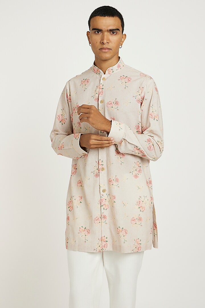 Blush Pink Handwoven Cotton Floral Printed Kurta Set by Nautanky By Nilesh Parashar Men at Pernia's Pop Up Shop