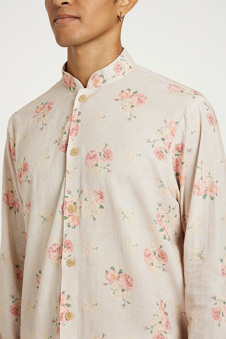 Blush Pink Handwoven Cotton Floral Printed Kurta Set by Nautanky By Nilesh Parashar Men at Pernia's Pop Up Shop