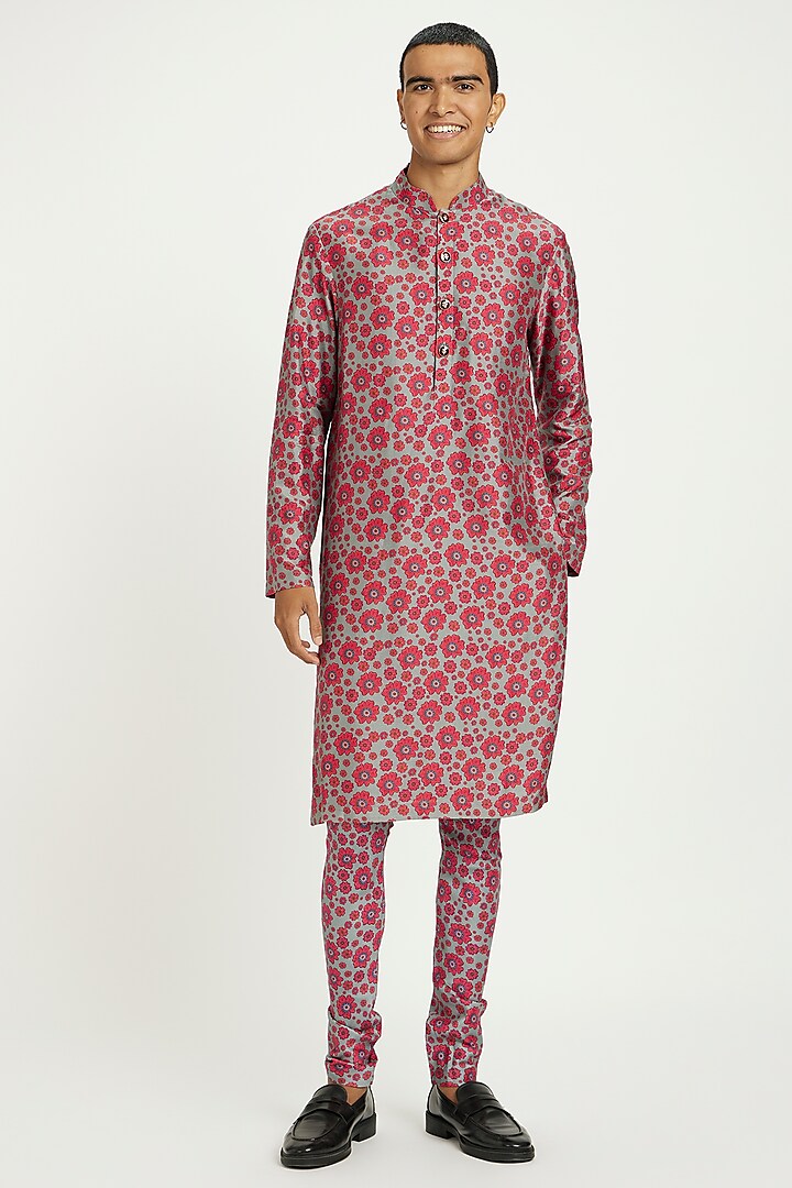 Grey & Pink Viscose Silk Printed Kurta Set by Nautanky By Nilesh Parashar Men