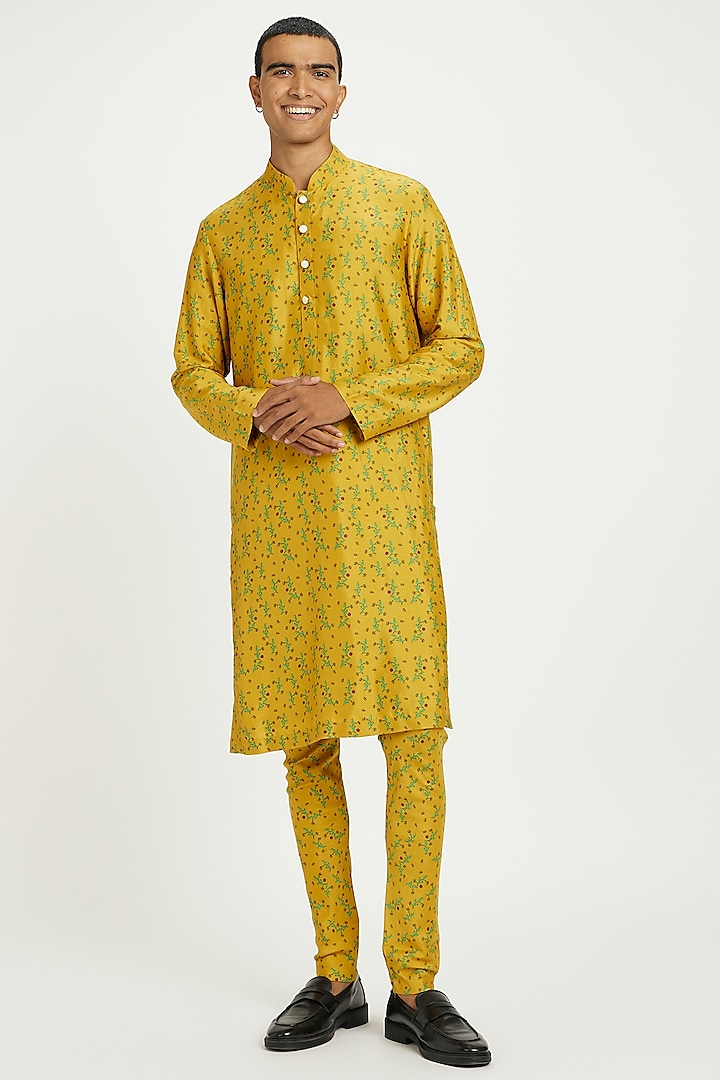 Yellow Viscose Silk Floral Block Printed Kurta Set by Nautanky By Nilesh Parashar Men