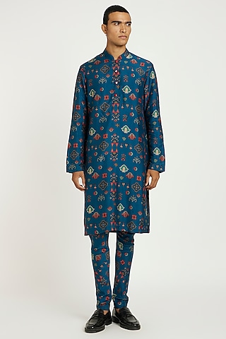 Persian Blue Viscose Silk Kurta Set by Nautanky By Nilesh Parashar Men