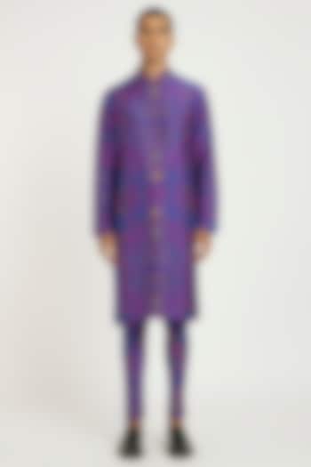 Dark Purple Viscose Silk Printed Kurta Set by Nautanky By Nilesh Parashar Men