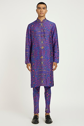 Dark Purple Viscose Silk Printed Kurta Set by Nautanky By Nilesh Parashar Men