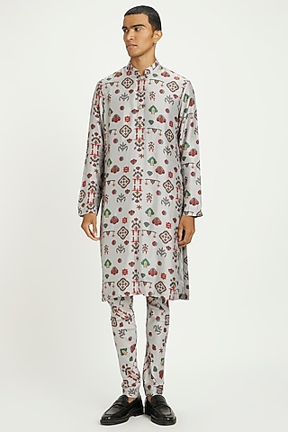 Light Grey Viscose Silk Printed Kurta Set by Nautanky By Nilesh Parashar Men