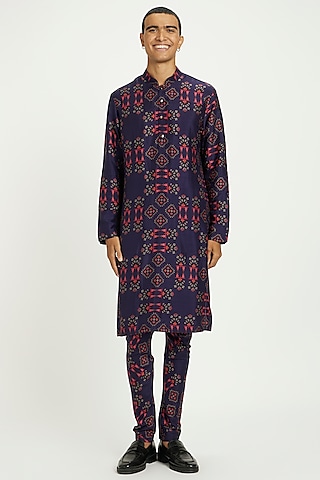 Dark Blue Viscose Silk Kurta Set by Nautanky By Nilesh Parashar Men