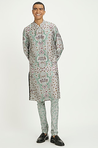 Grey Viscose Silk Kurta Set by Nautanky By Nilesh Parashar Men