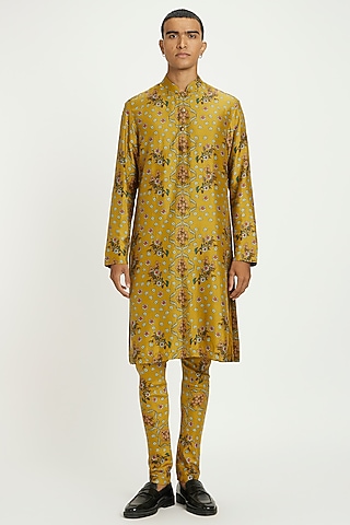 Mustard Viscose Silk Printed Kurta Set by Nautanky By Nilesh Parashar Men