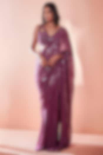 Grape Purple Embroidered Draped Cocktail Saree Set by NIAMH by Kriti