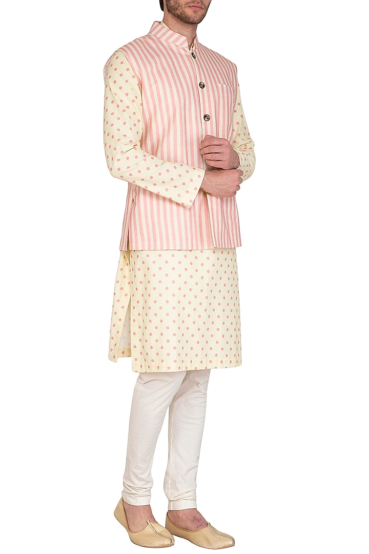 Beige & Blush Pink Printed Jacket With Kurta Set by Nautanky By Nilesh Parashar Men
