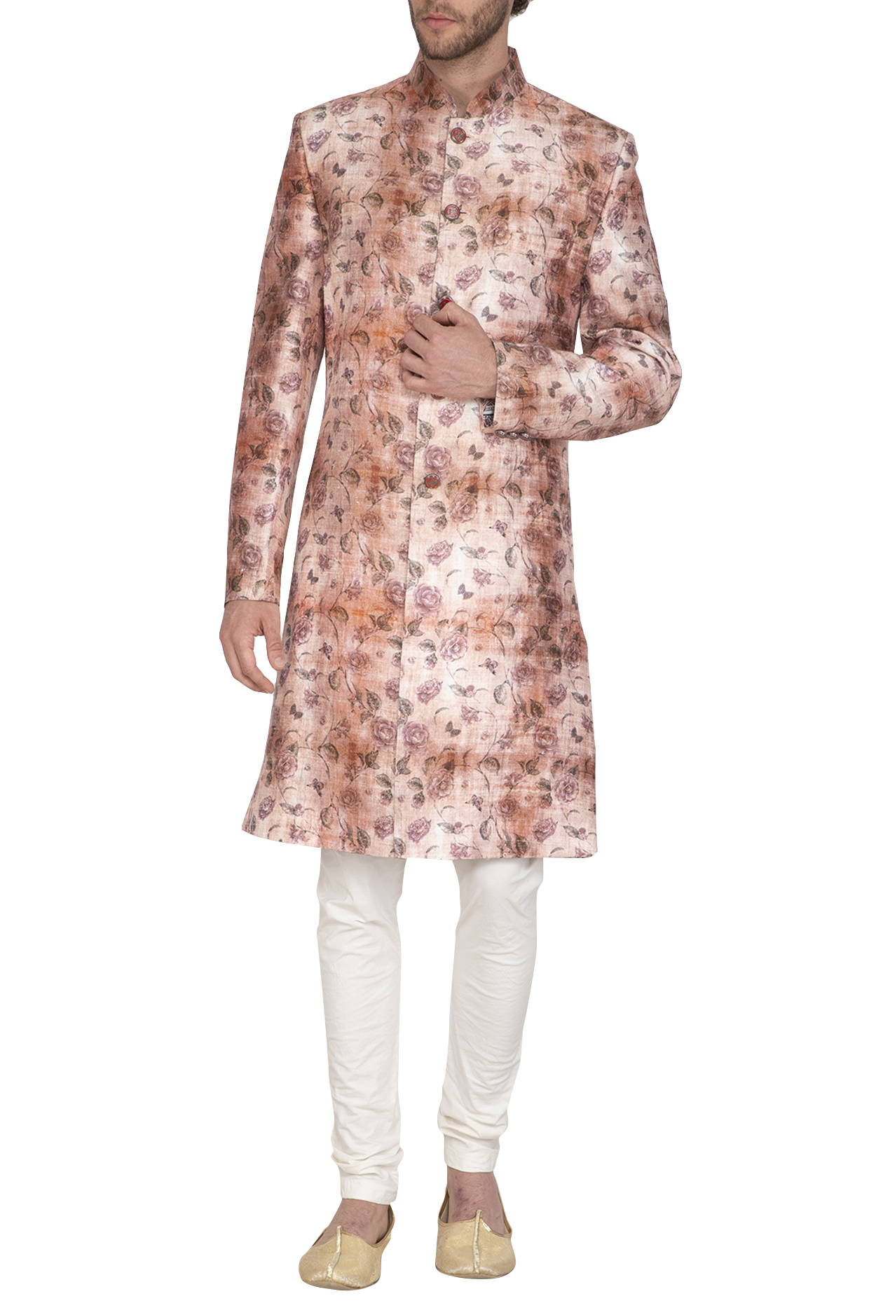 Beige & Rust Bhagalpuri Printed Wedding Sherwani Set by Nautanky By Nilesh Parashar Men at Pernia's Pop Up Shop