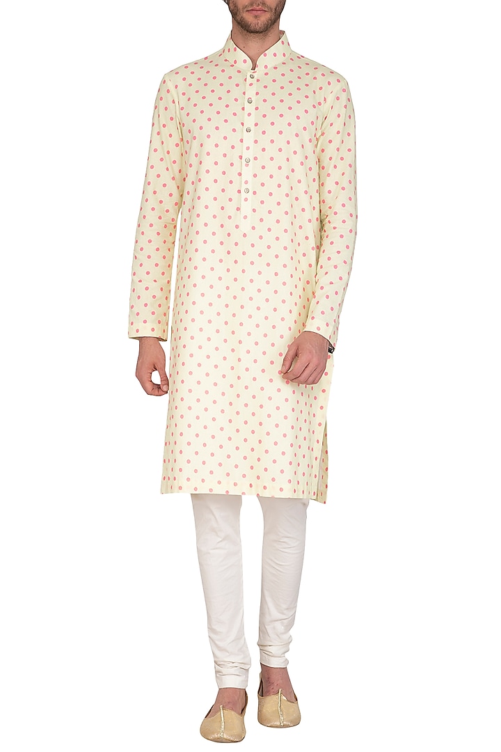 Beige Polka Dots Printed Kurta Set by Nautanky By Nilesh Parashar Men