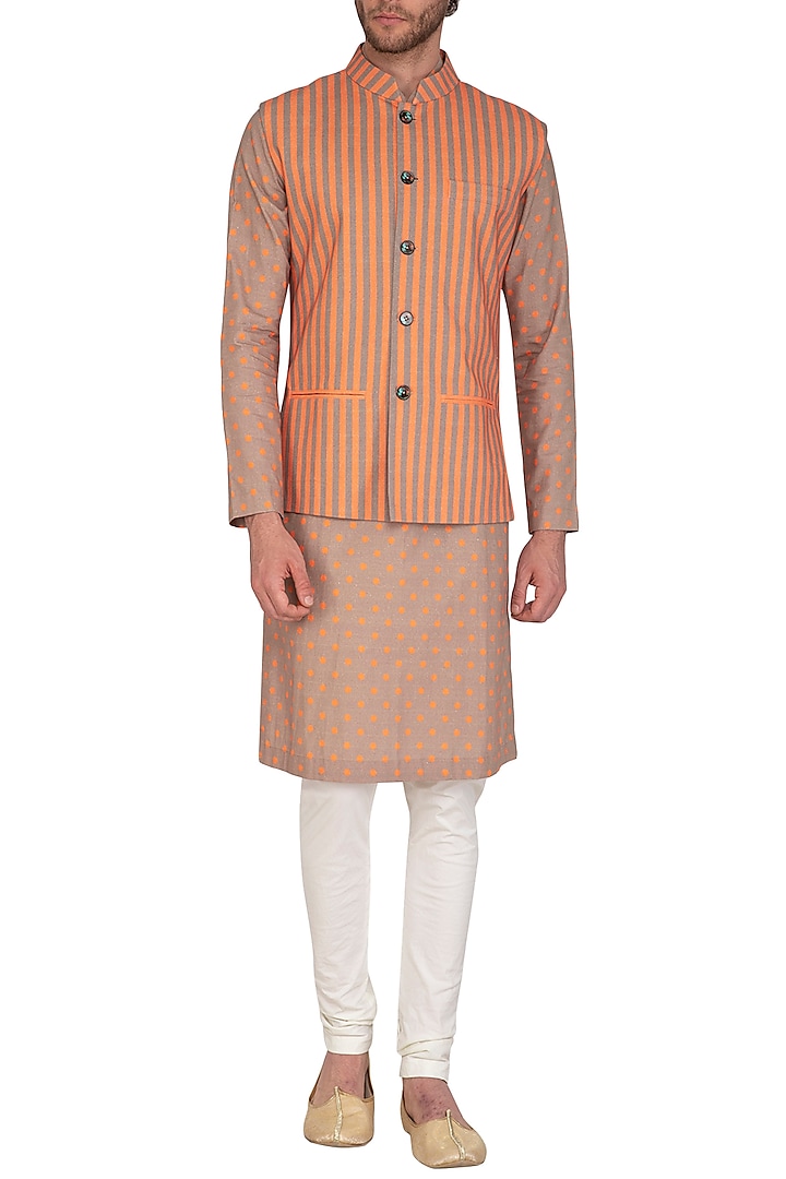 Brown & Orange Printed Jacket With Kurta Set by Nautanky By Nilesh Parashar Men