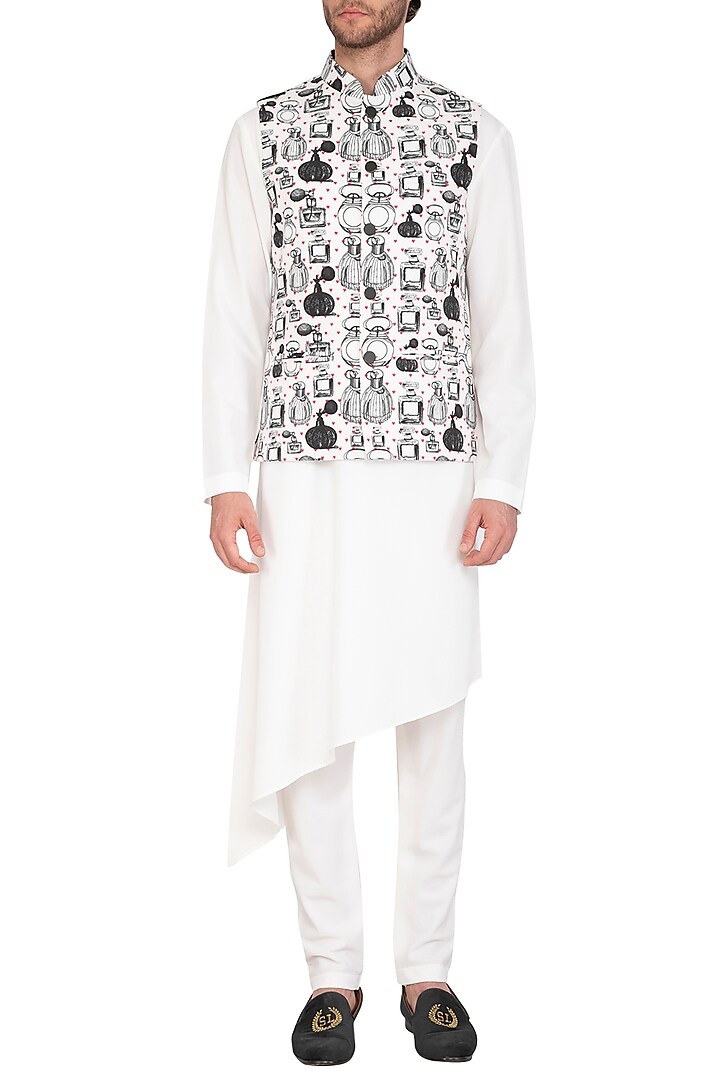White Kurta Set With Printed Jacket by Nautanky By Nilesh Parashar Men