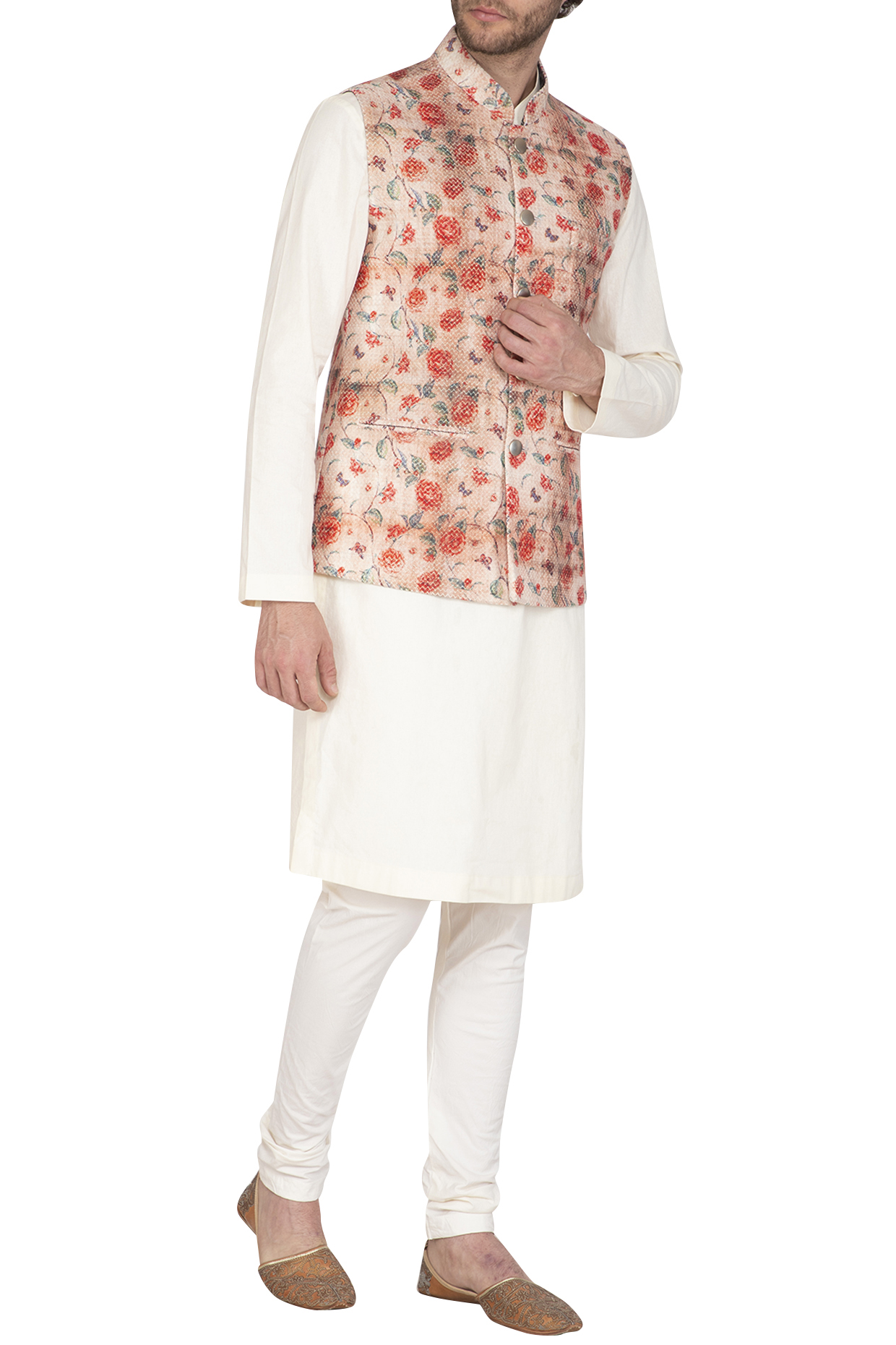 Rust & Beige Printed Jacket With Kurta Set by Nautanky By Nilesh Parashar Men at Pernia's Pop Up Shop