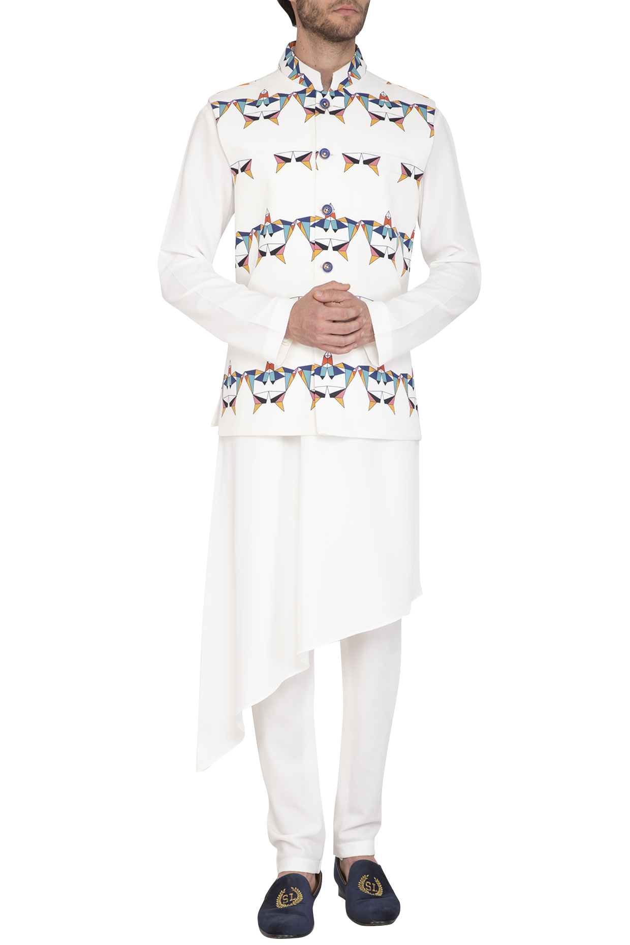 White Polyester Geometric Printed Nehru Jacket Set by Nautanky By Nilesh Parashar Men at Pernia's Pop Up Shop