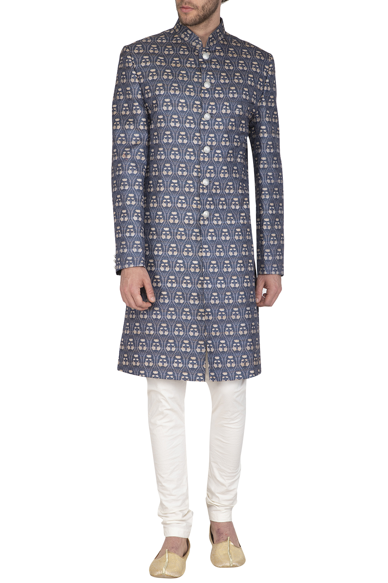 Royal Blue Printed Wedding Sherwani Set by Nautanky By Nilesh Parashar Men at Pernia's Pop Up Shop
