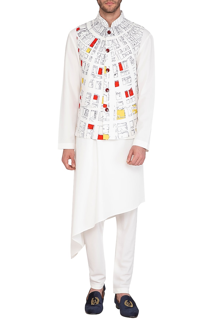 White & Grey Kurta Set With Geometric Printed Jacket by Nautanky By Nilesh Parashar Men