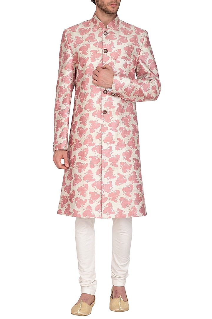 Blush Pink Printed Wedding Sherwani Set by Nautanky By Nilesh Parashar Men at Pernia's Pop Up Shop